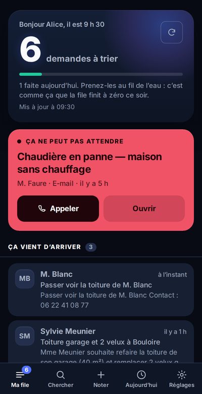 L’accueil de Zerhero : six demandes à trier, une chaudière en panne en tête avec un bouton Appeler.